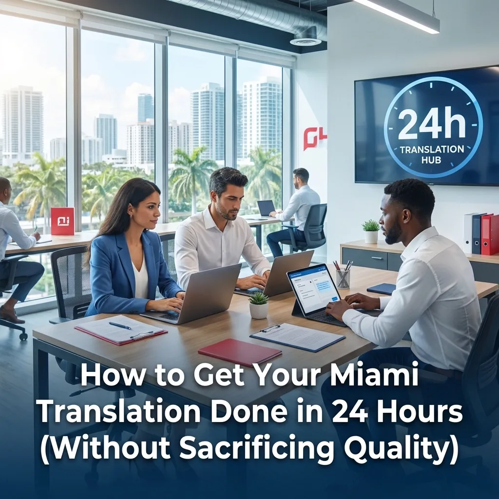 Professional translation team working in a modern office in Miami with laptops and digital tools, illustrating fast and reliable Miami 24-hour translation services without sacrificing quality.