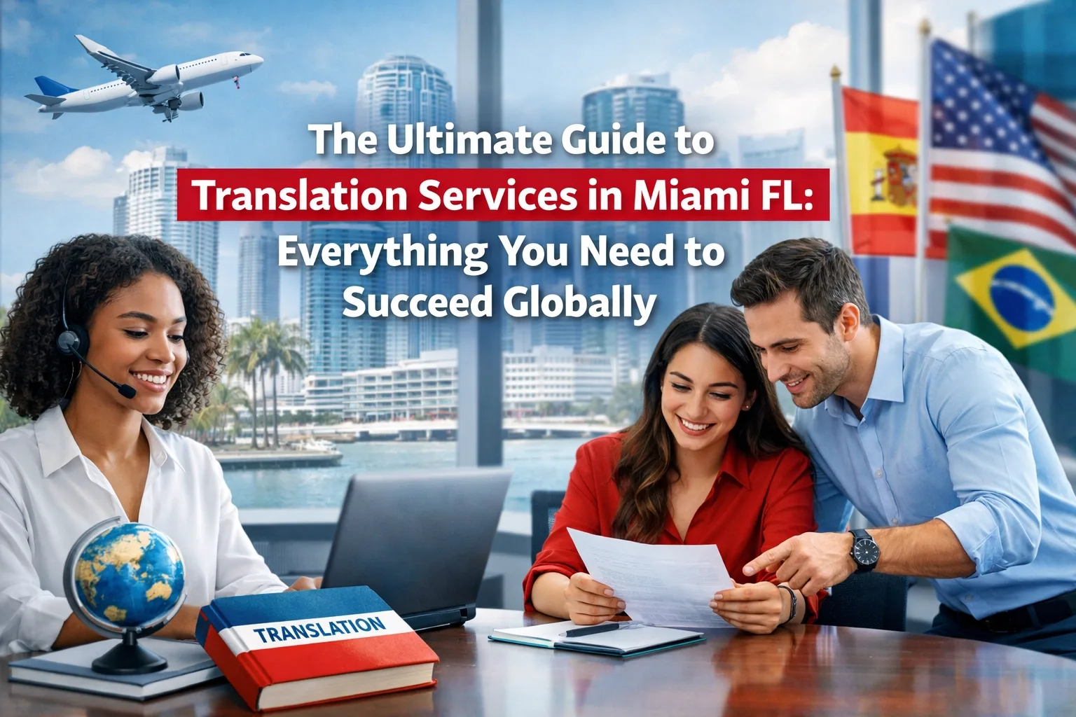 A professional translation services team in Miami FL assisting clients with multilingual documents, featuring international flags and the Miami skyline in the background.