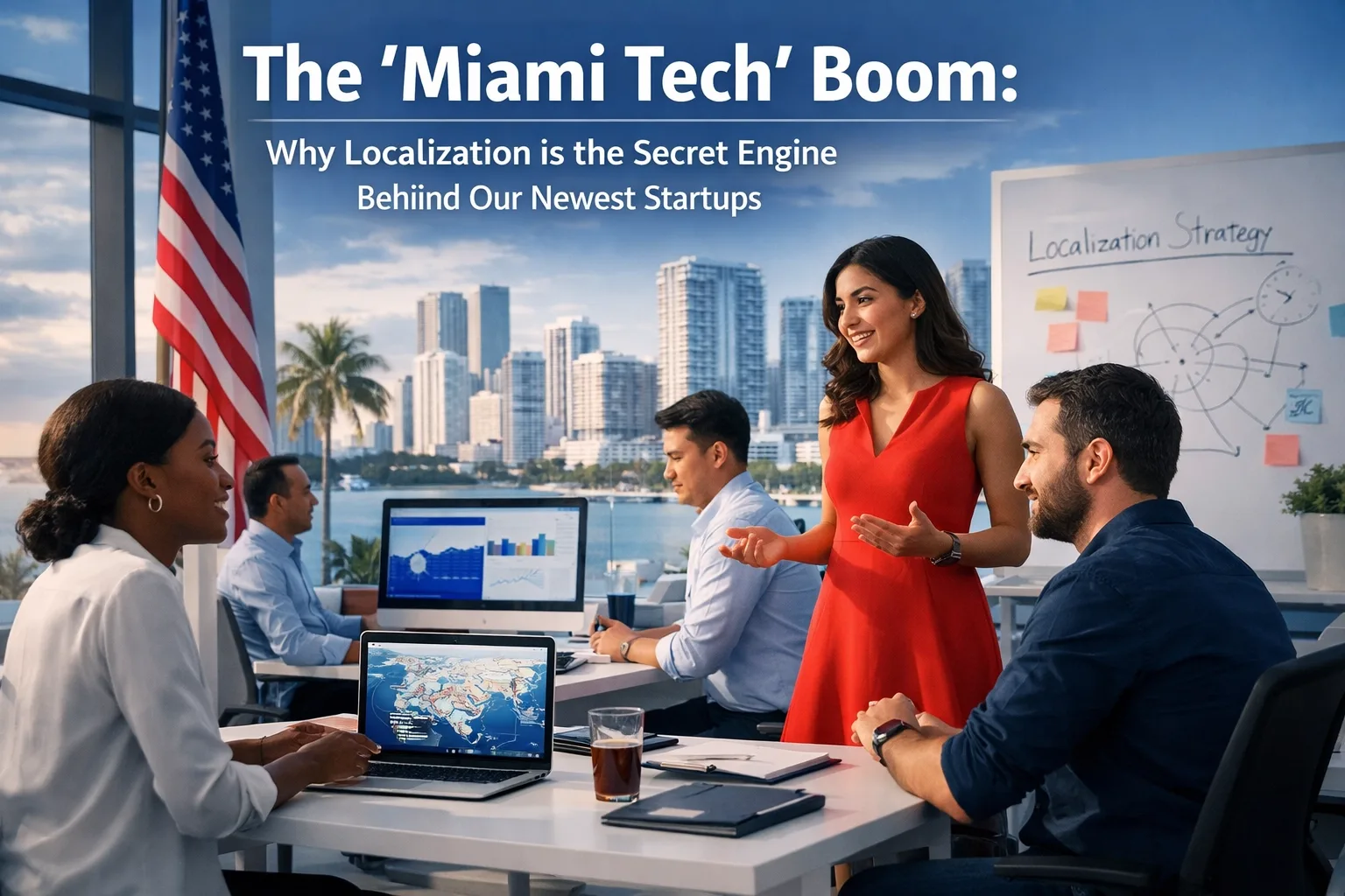 Diverse startup team discussing localization strategy in a Miami office with a whiteboard mapping global expansion plans, laptops showing analytics, and the downtown Miami skyline visible through floor-to-ceiling windows