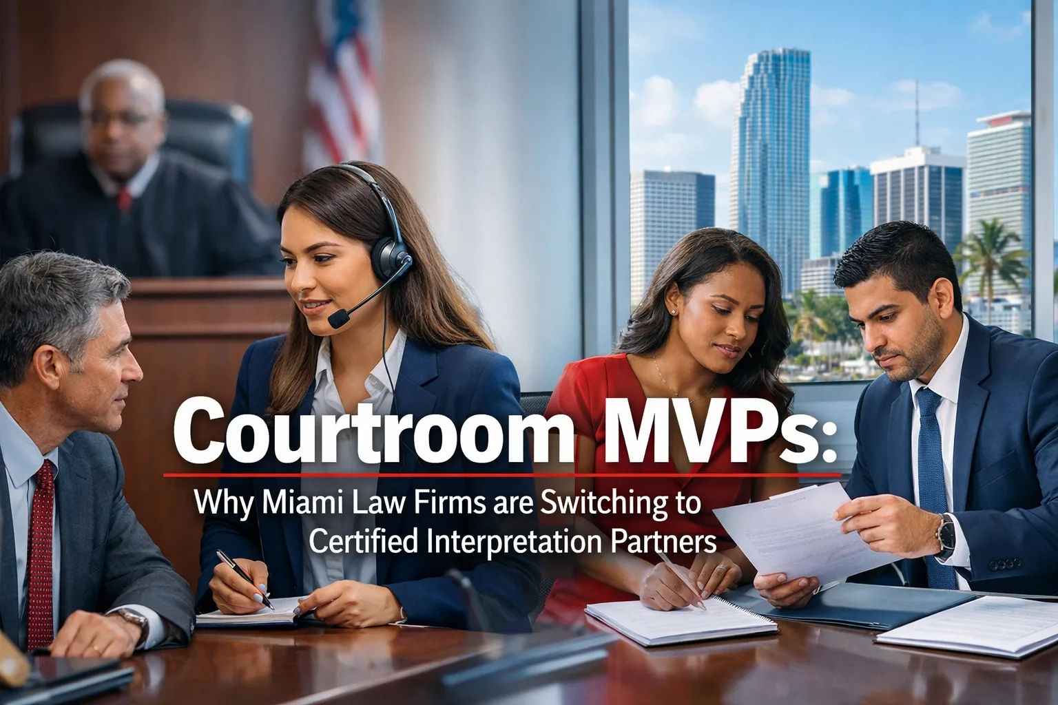 Certified legal interpretation services Miami — professional interpreter with headset assisting attorneys and a judge during a multilingual courtroom meeting with the Miami skyline visible through the window
