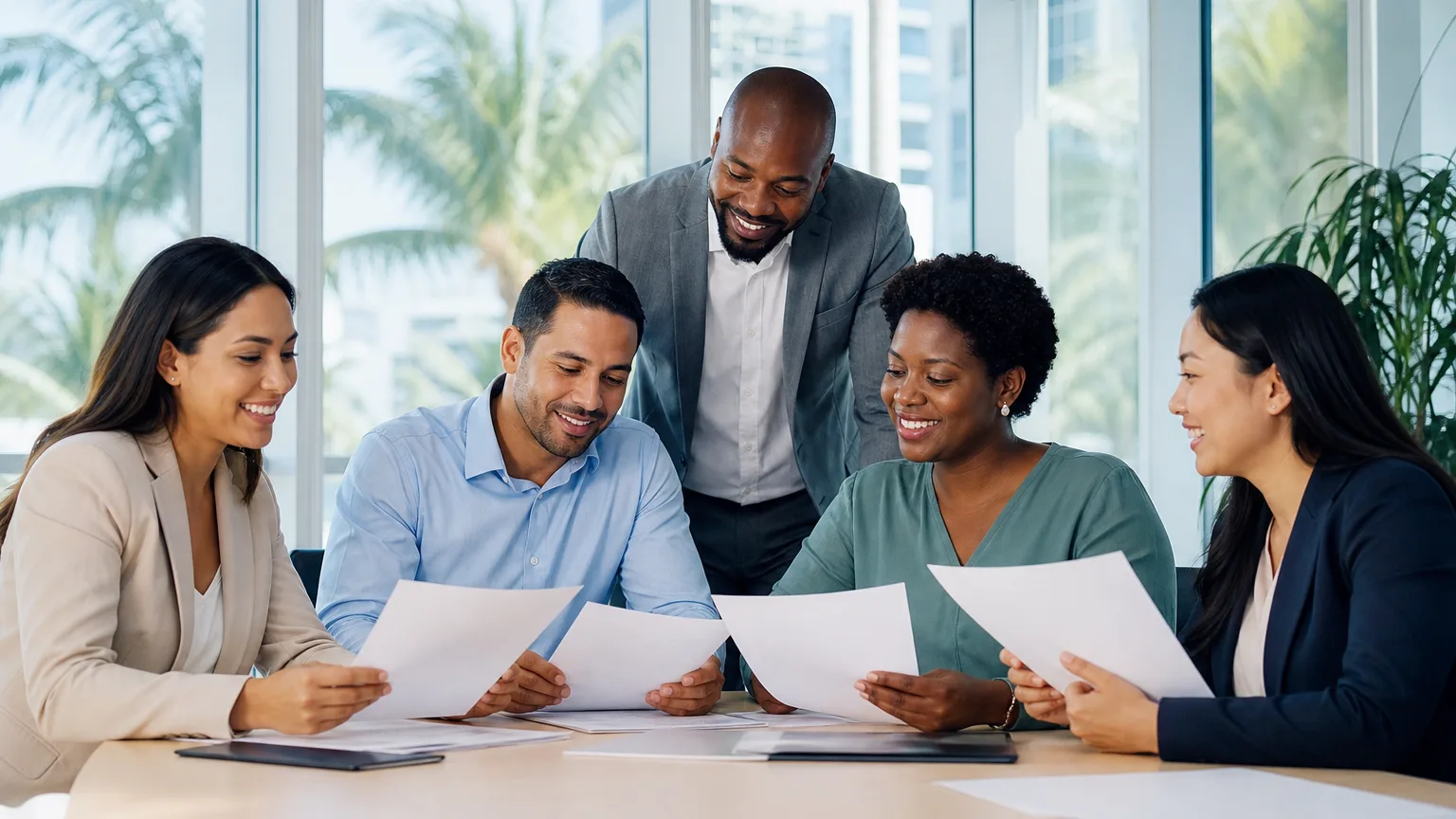 Employee handbook translation reviewed by a multicultural Miami business team in a conference room