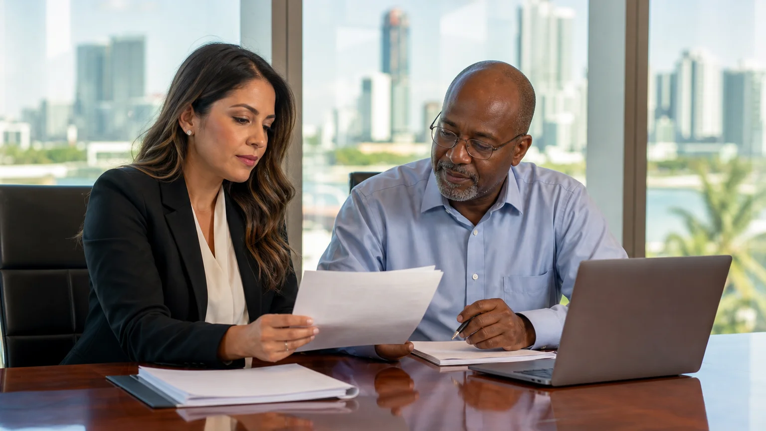 Attorney reviewing a certified foreign judgment translation before filing in a Miami courtroom