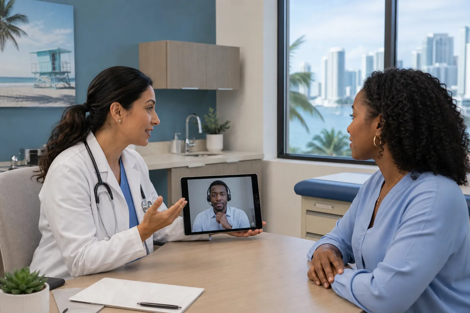 Doctor using video remote interpreter tablet with patient in Miami medical office
