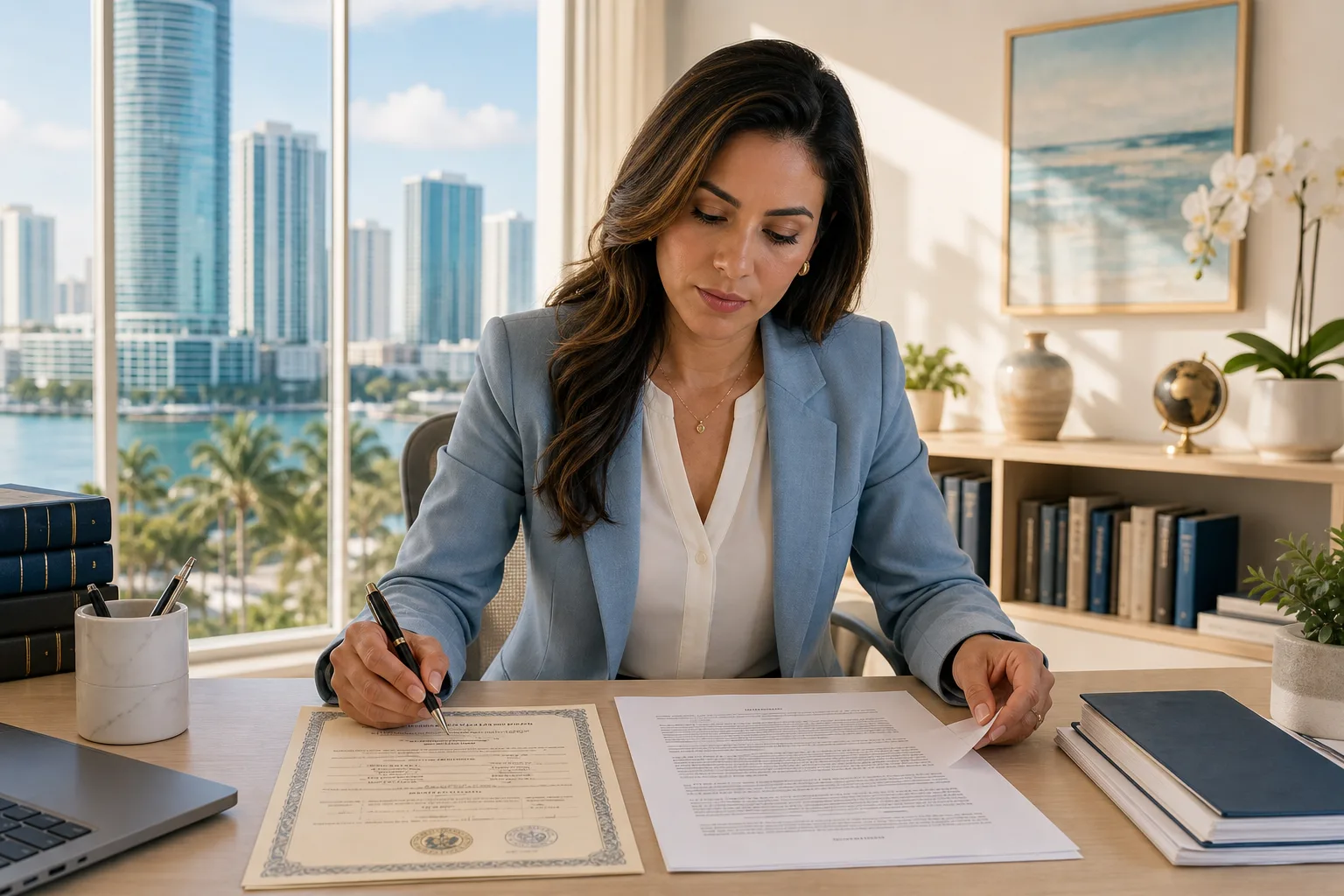 Professional translator reviewing Spanish and English documents at a Miami office desk with Miami skyline in background