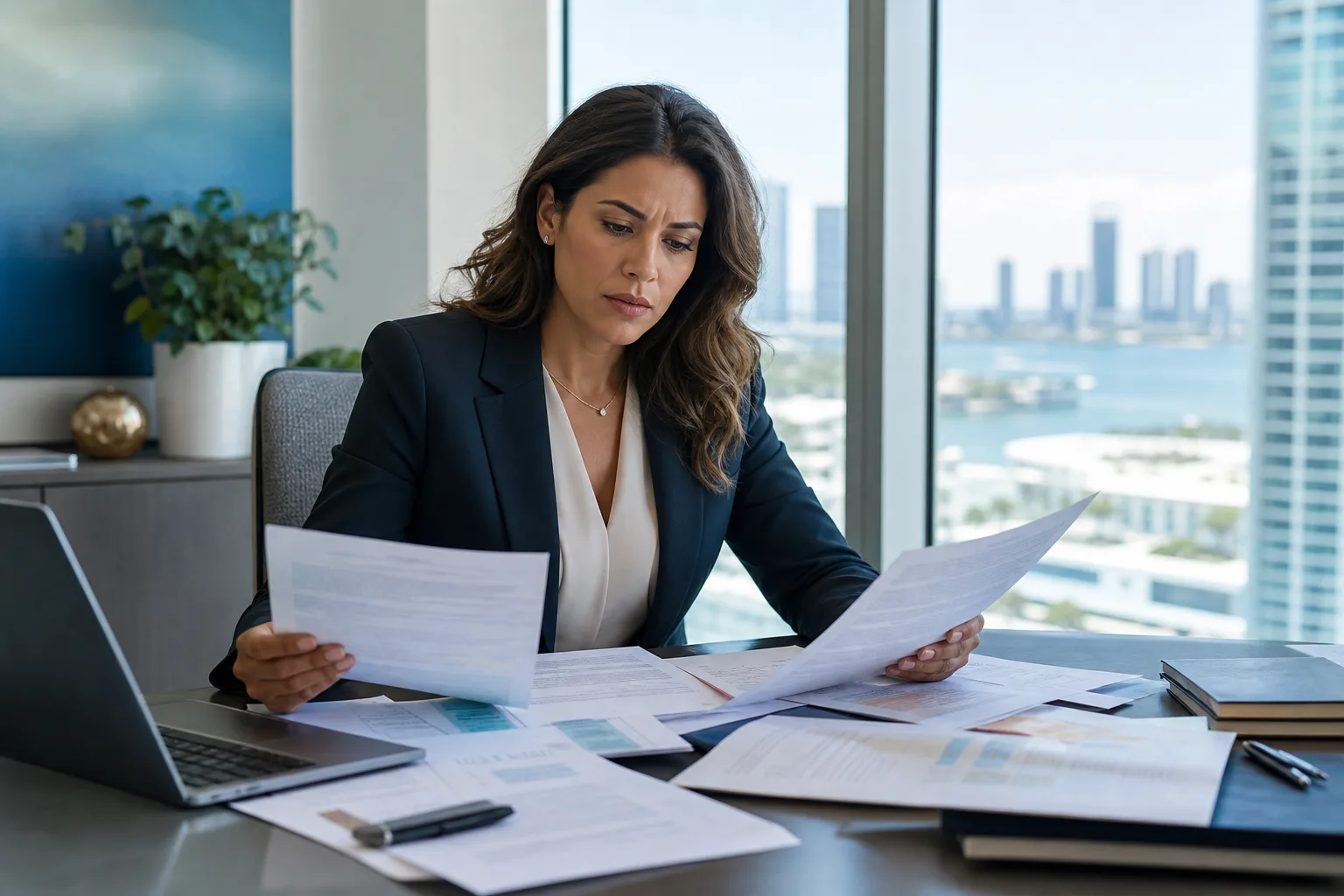 Miami businesswoman reviewing multilingual documents at Brickell office