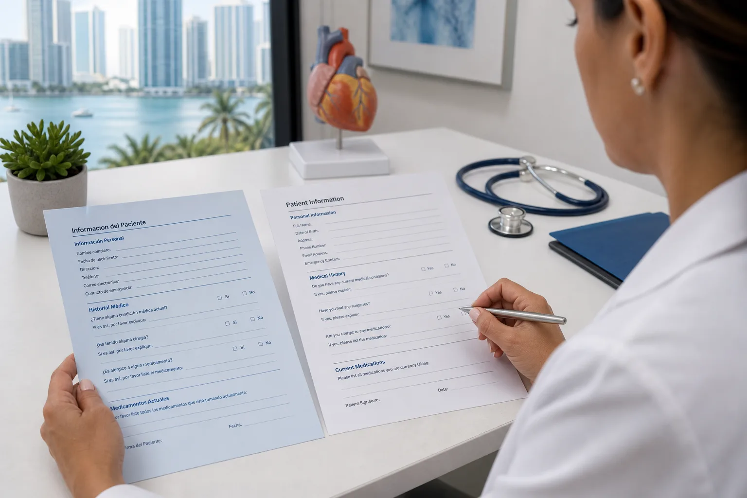 Bilingual Spanish and English patient information forms in a Miami medical office