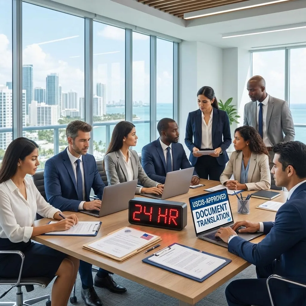 Professional team in a Miami office providing USCIS translation services with 24-hour turnaround, laptops and official documents on the table, overlooking the Miami skyline.