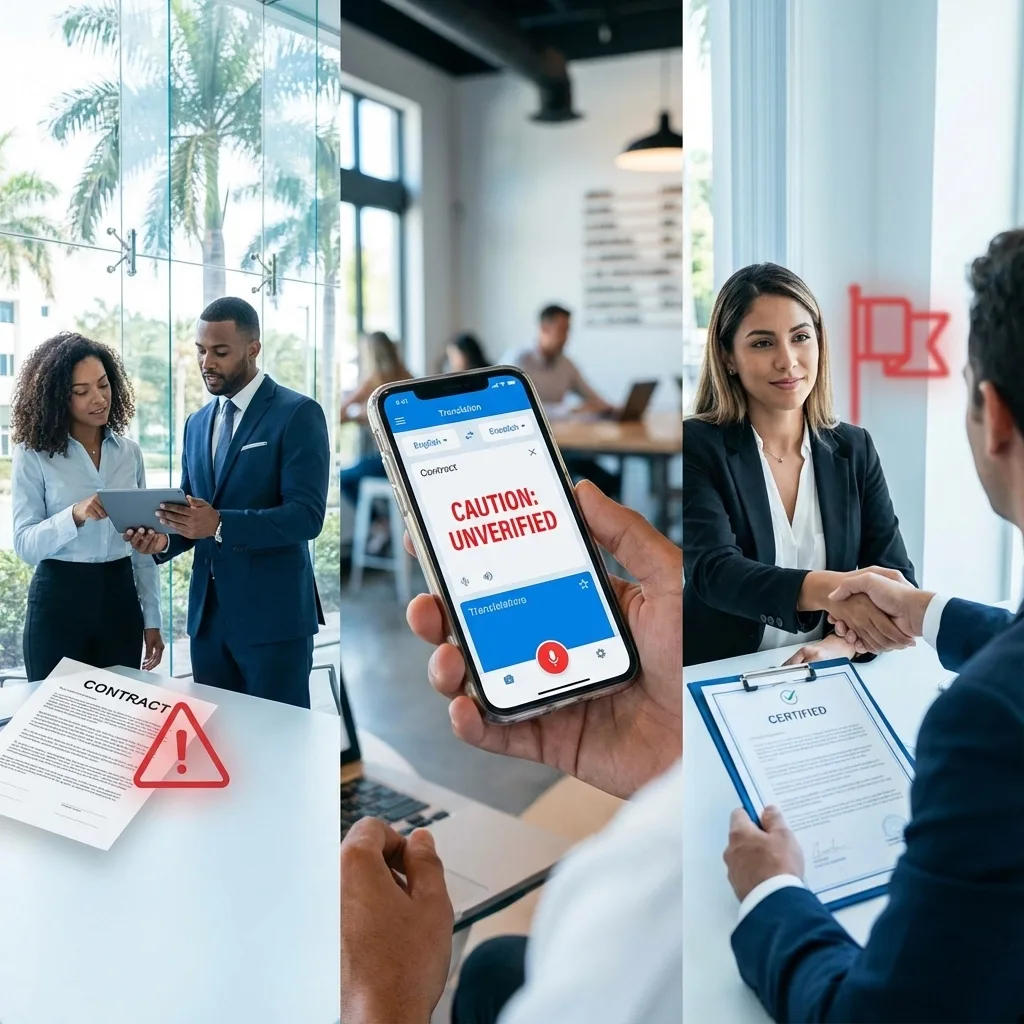 Professionals reviewing contracts and certified documents in a Miami office, contrasting unverified translation apps with reliable, certified Miami translation services for legal and business use.