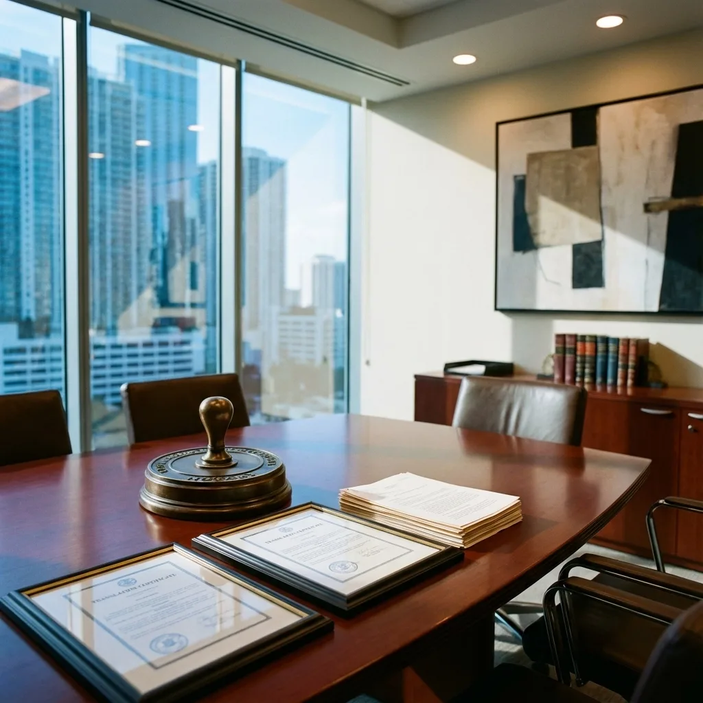 Professional Miami office with notarized certificates, legal documents, and a notary seal on the table, representing notarized translation services near me.