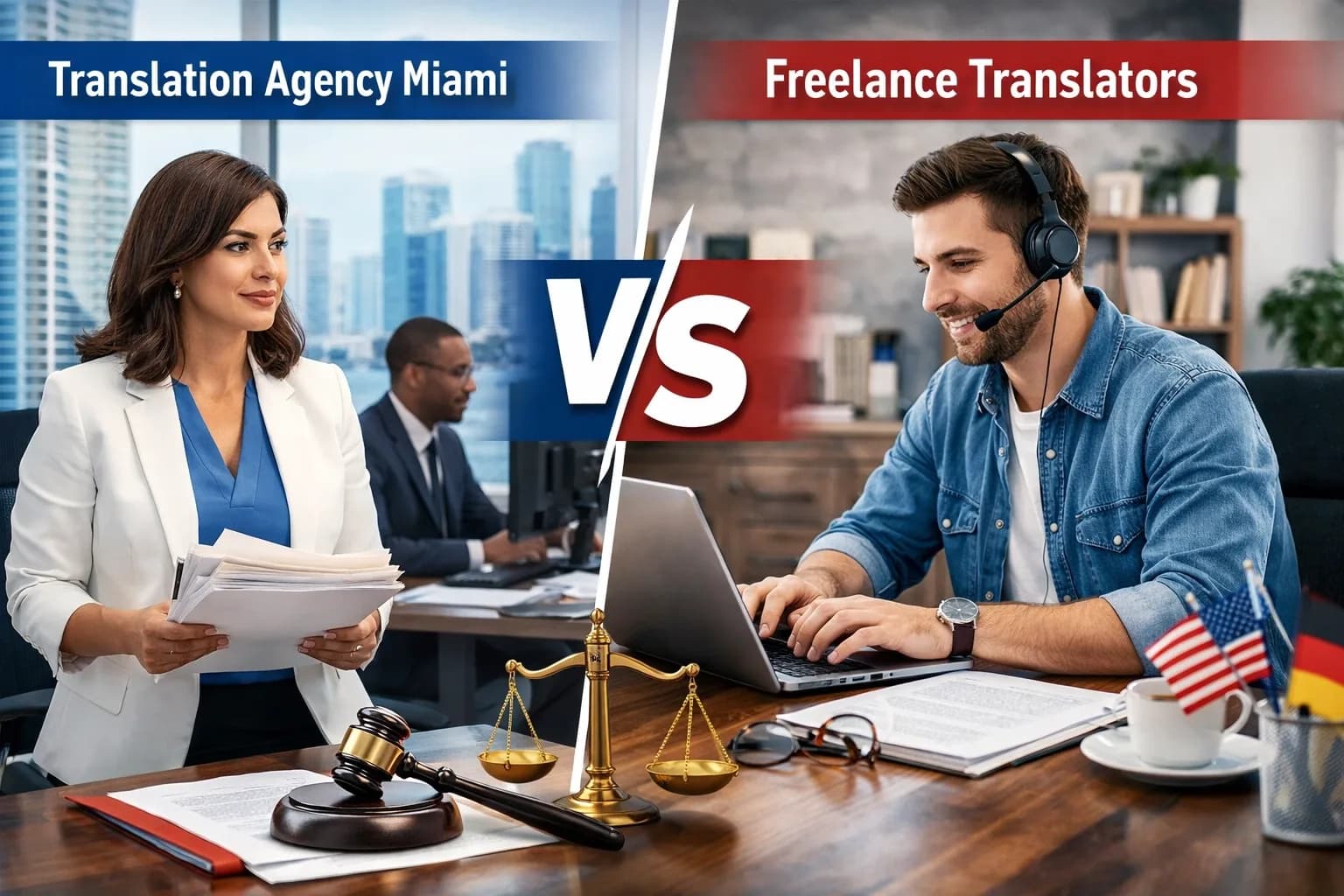 Translation agency Miami professional consultant reviewing legal documents in a Miami office versus a freelance translator working remotely from home