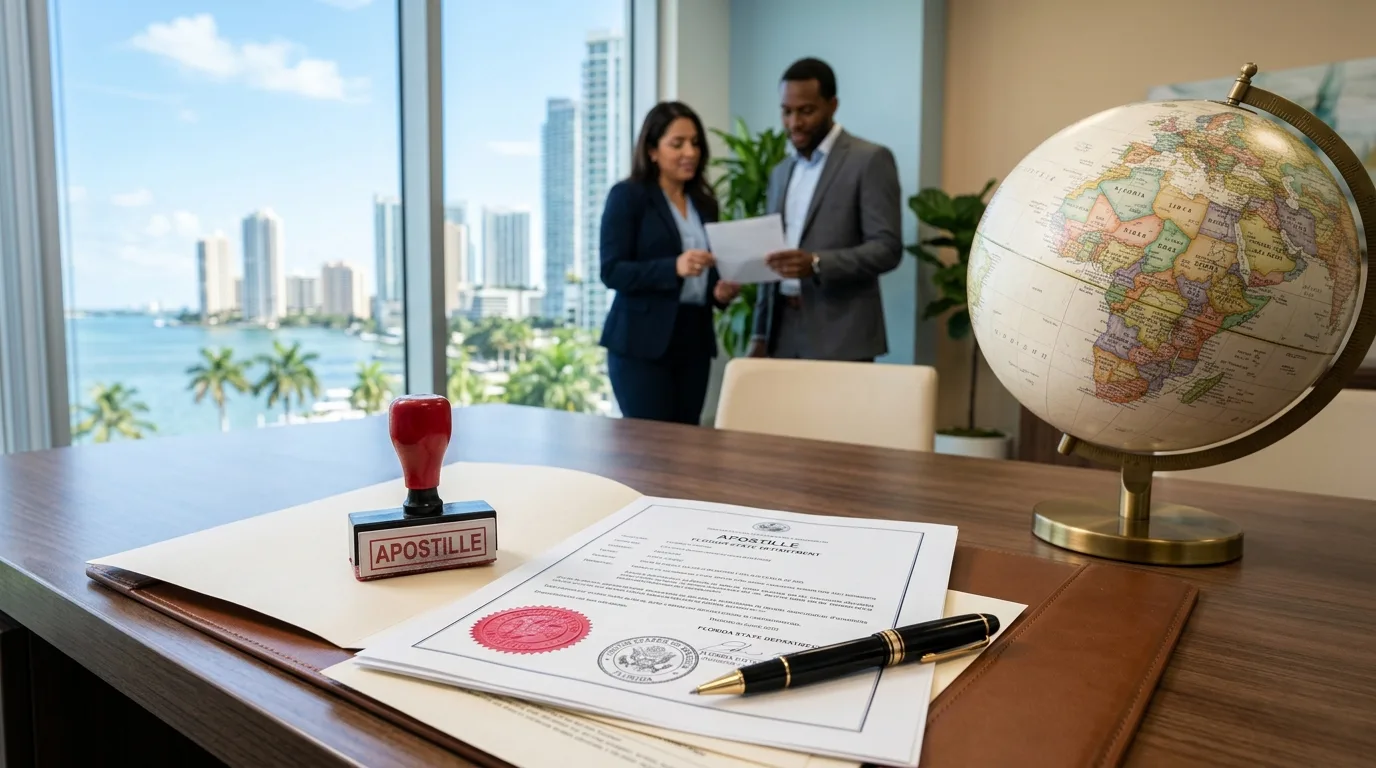 Apostille services Miami — official documents with apostille seal on professional desk
