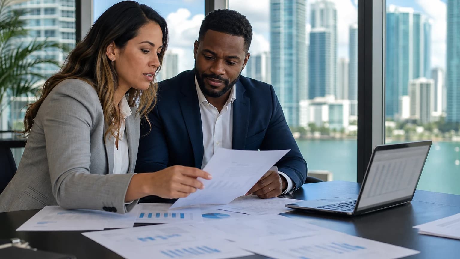 Financial document translation review of bank statements and financial reports at a Miami business office