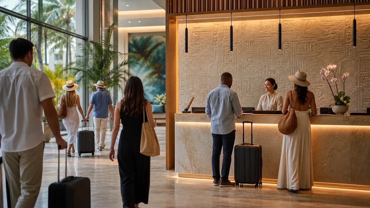 Hospitality translation in Miami: travelers at a bright hotel reception desk