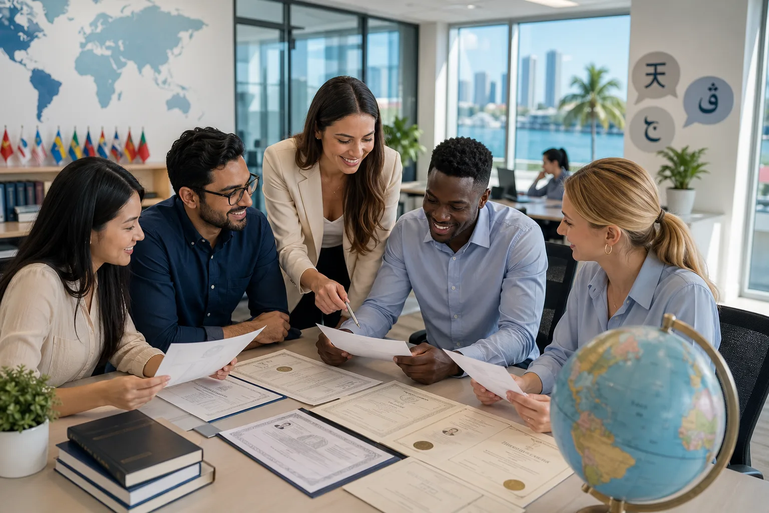 Diverse professionals reviewing foreign academic credentials at a Miami translation office