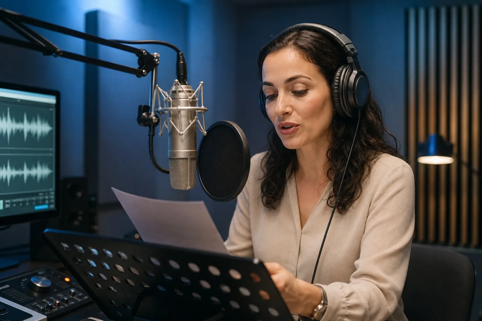 Professional voice over narrator at microphone in recording studio in Miami, audio waveforms on monitor