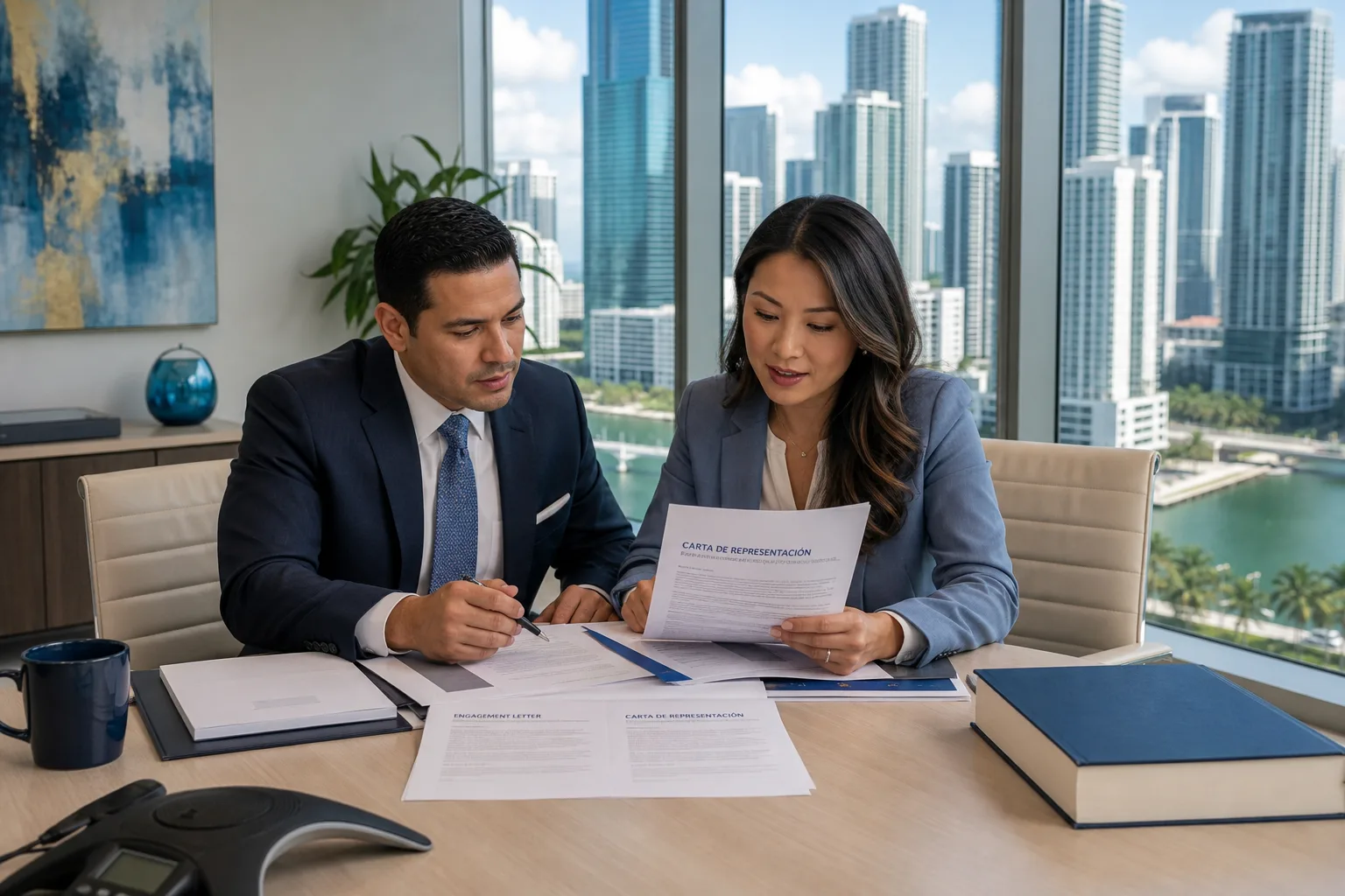 Miami professionals reviewing bilingual business documents