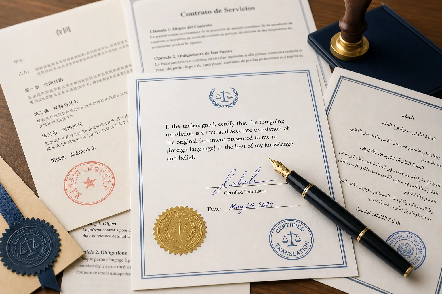 Certified legal translation documents with multilingual contracts, official stamps, and notary seal in Miami