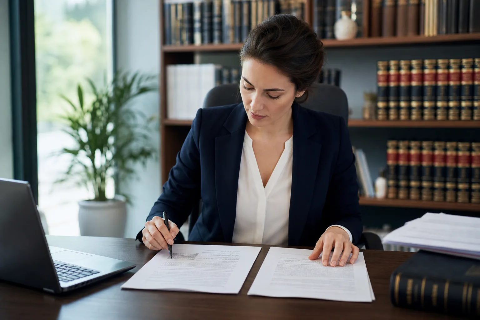 Professional legal translator comparing source and translated documents in a Miami law office