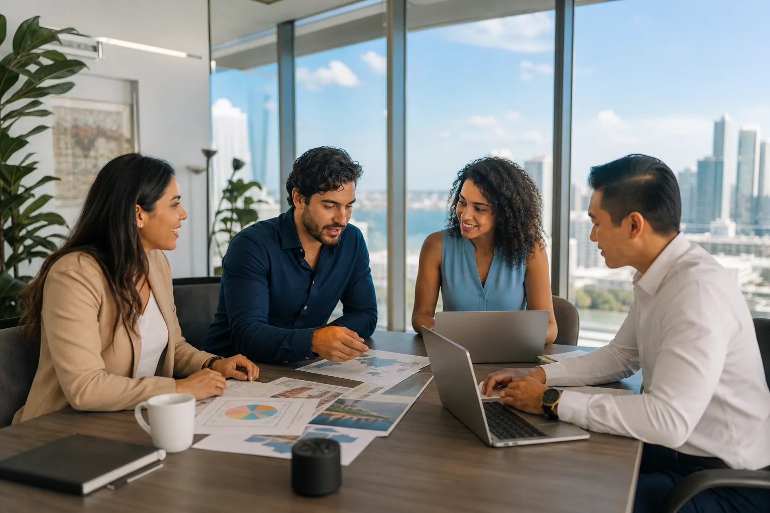 Diverse multilingual professional team collaborating at conference table with Miami skyline view
