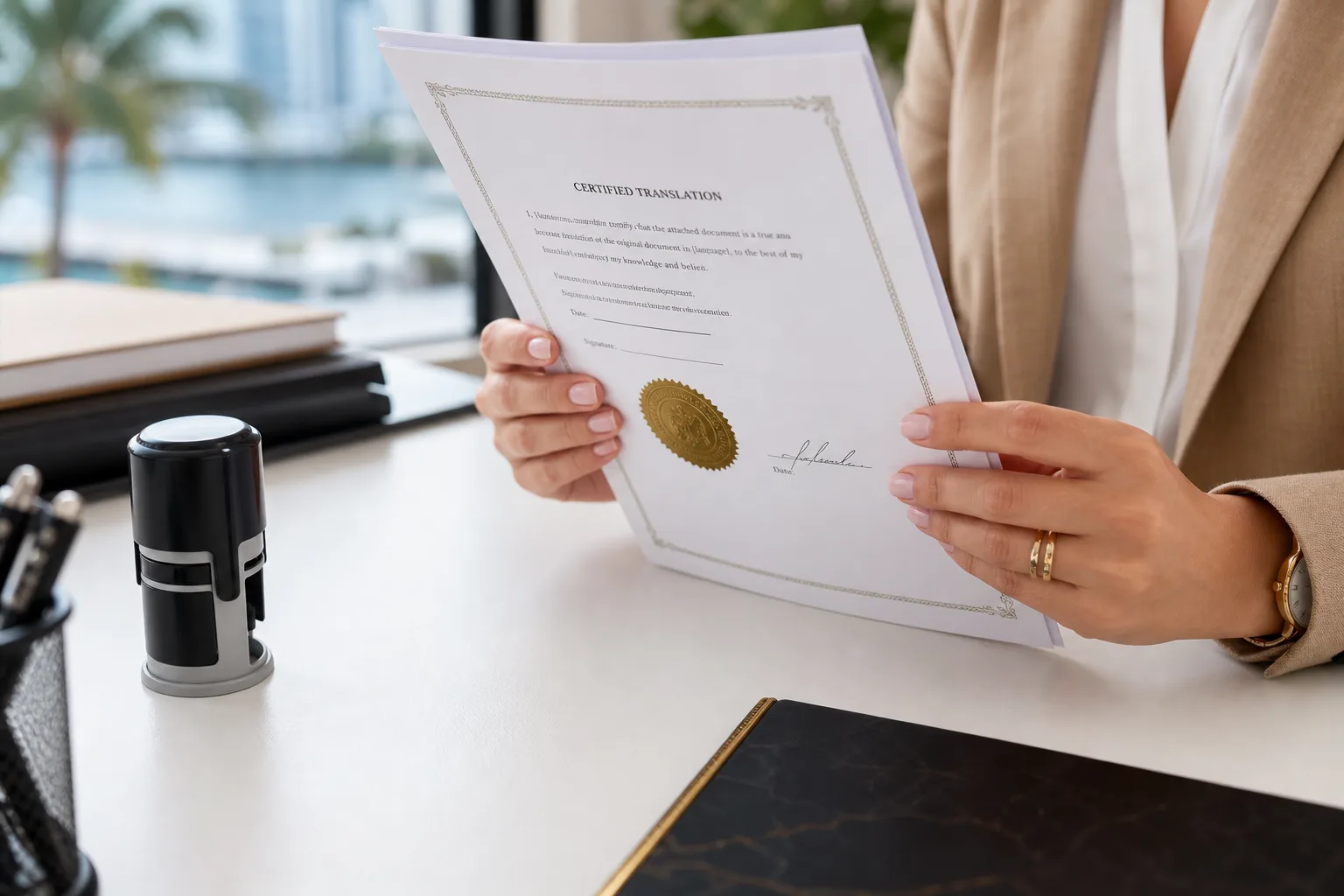 Certified translation document with gold notary seal held by professional translator in Miami office