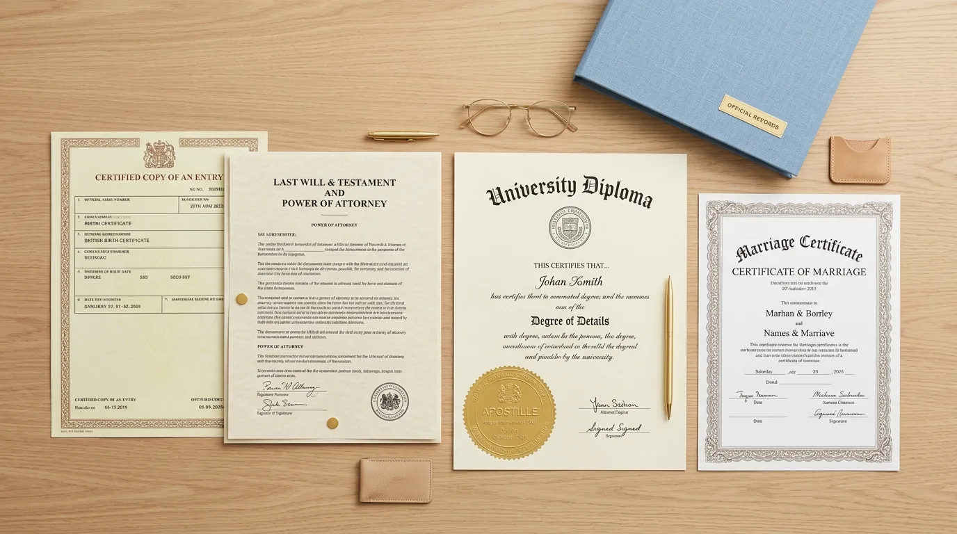 Official documents including birth certificate diploma and marriage certificate with apostille seal for international authentication services Miami