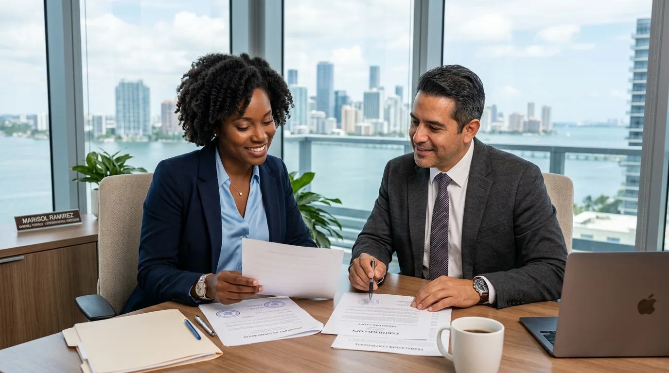 Diverse Miami professionals reviewing official apostilled documents at modern office with Miami skyline visible