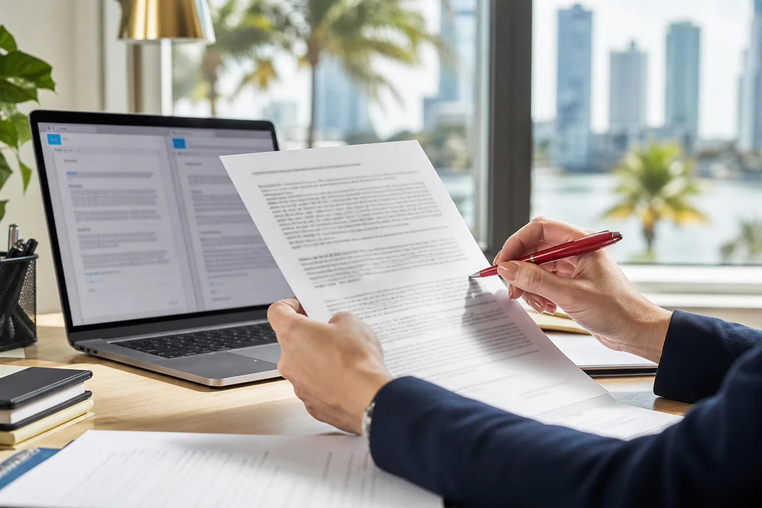 Certified translator reviewing a birth certificate translation for an I-589 asylum application in Miami