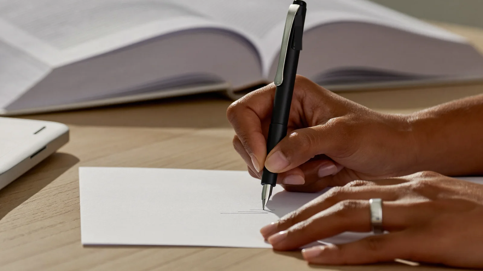Translator signing a statement at a desk next to a dictionary and laptop