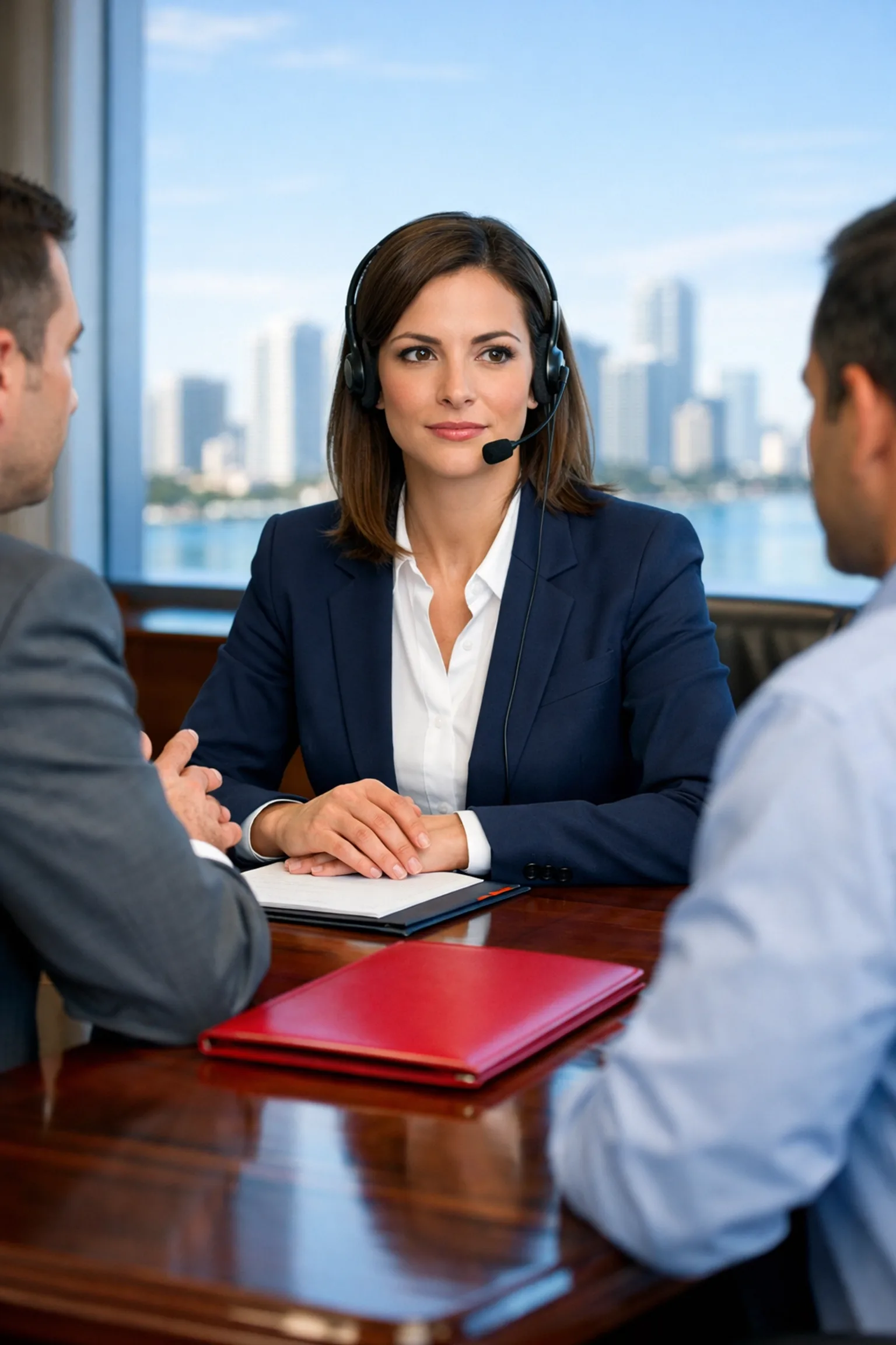 Certified legal interpretation services Miami — professional female interpreter wearing a headset seated between two attorneys during a legal consultation in a Miami office overlooking the city skyline