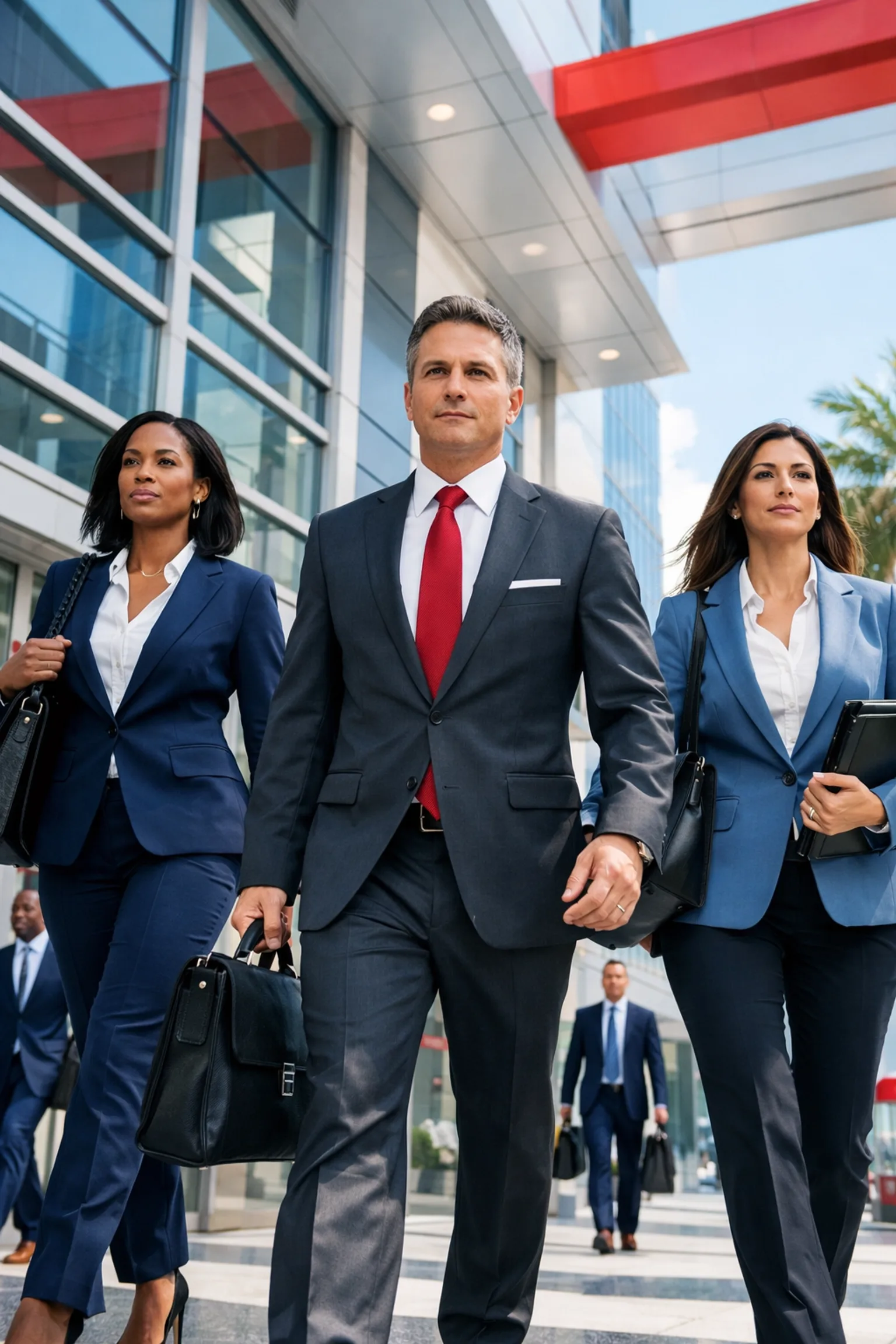 Certified legal interpretation services Miami — diverse team of legal professionals and interpreters walking confidently outside a modern Miami courthouse carrying briefcases and legal documents