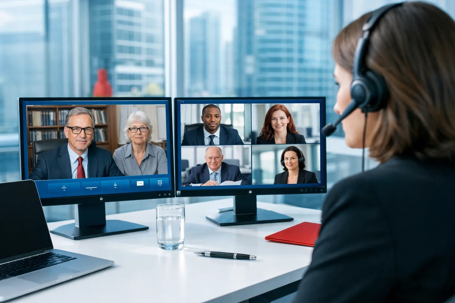 Certified legal interpretation services Miami — remote interpreter wearing a headset providing virtual legal interpretation via dual monitors during a video conference with attorneys and legal professionals from a Miami high-rise office