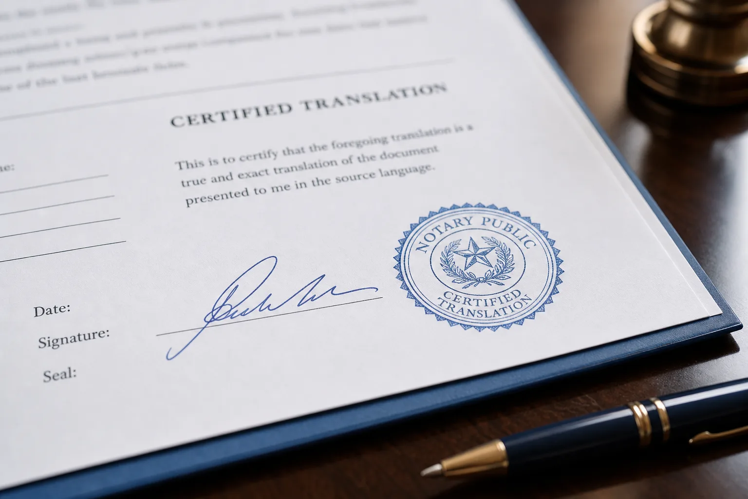 Certified translation document with notary public stamp and signature — required for USCIS immigration and court filings in Miami