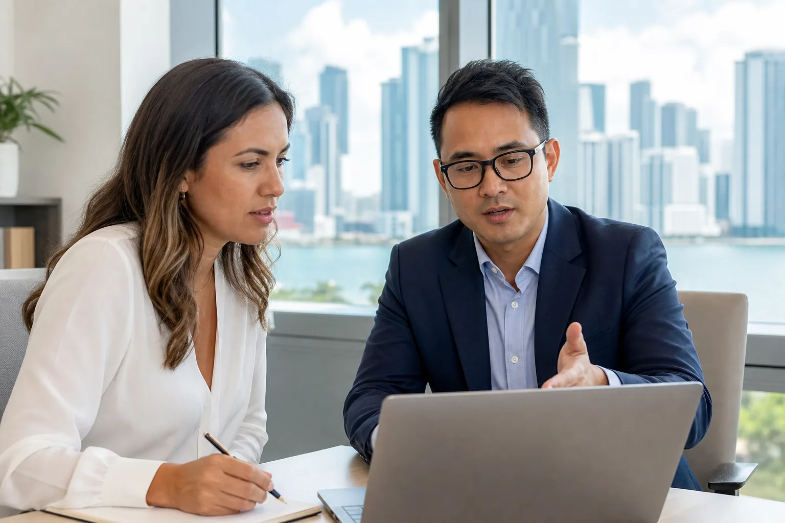 HR manager and translator reviewing a multilingual employee handbook translation on a laptop in a Miami office