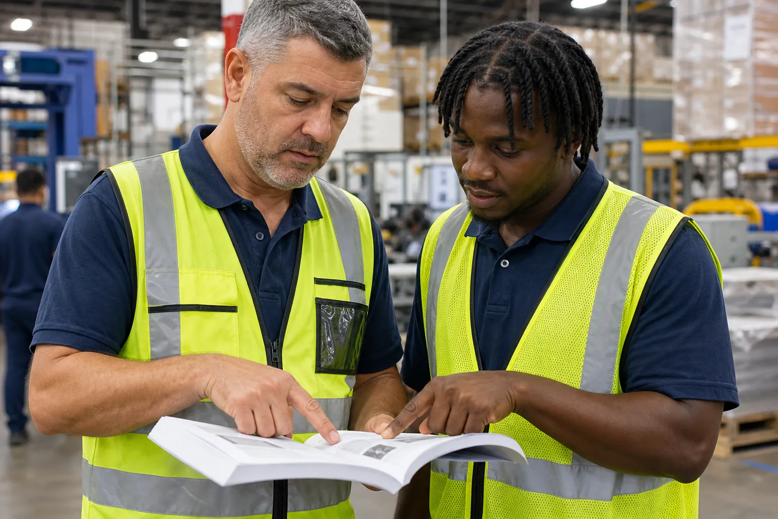 Warehouse supervisor and worker reviewing a translated employee handbook in a Miami distribution center