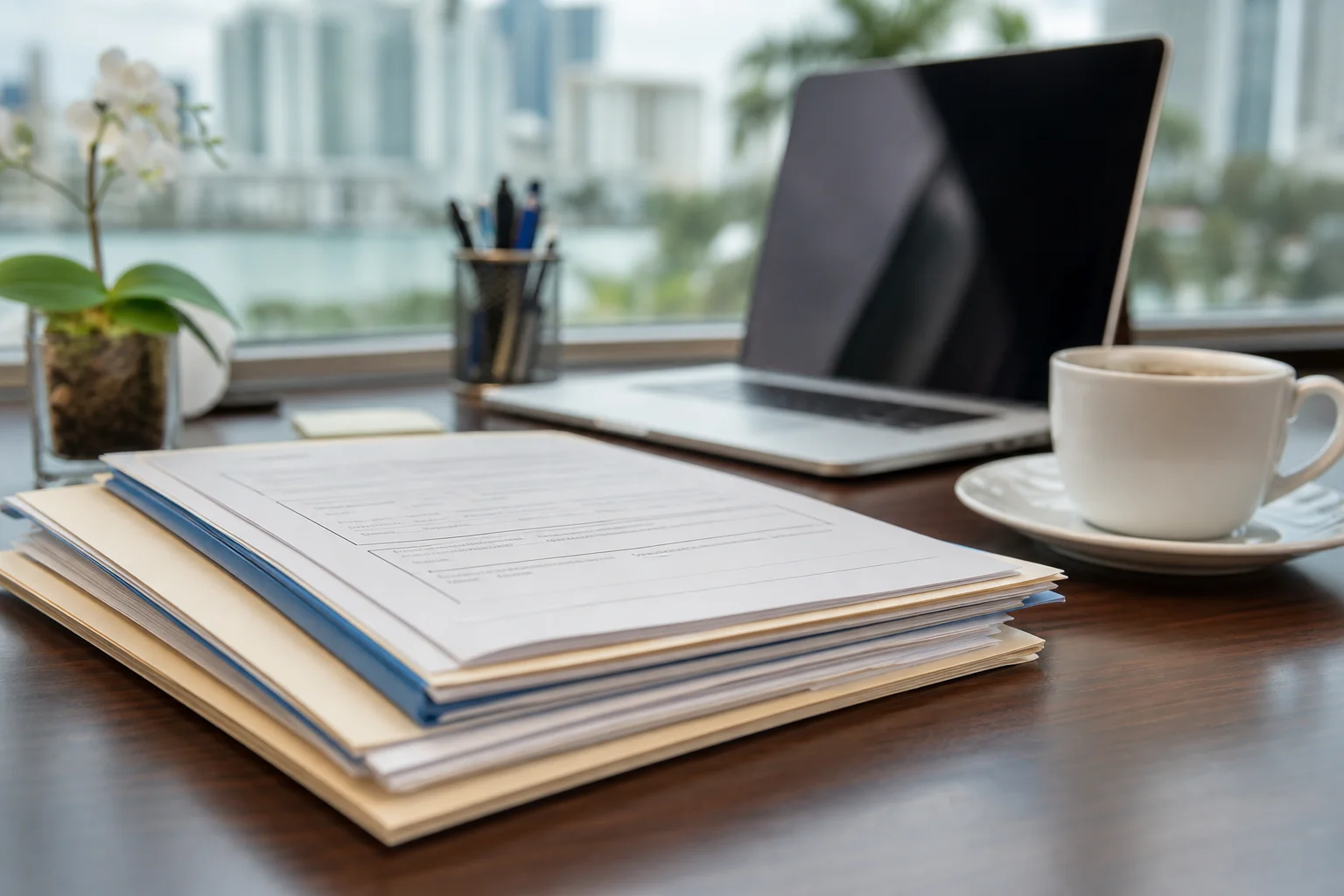 Birth certificate and marriage certificate translations laid out for a Miami family-based immigration filing