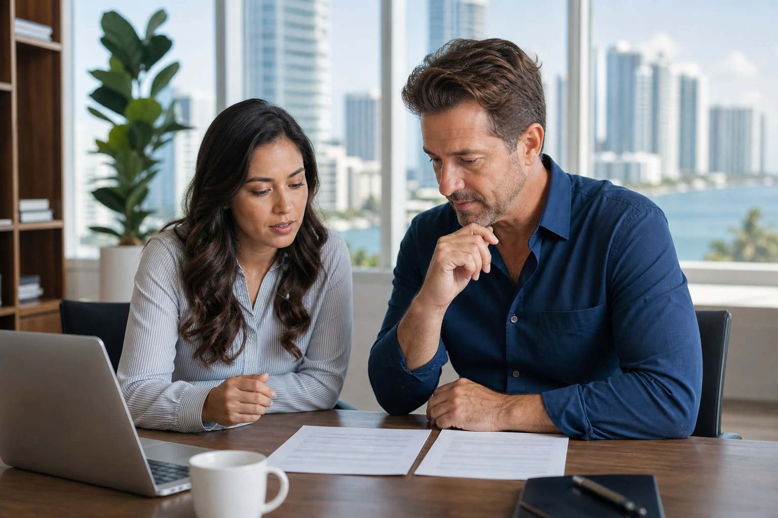 Business owner and translator reviewing a foreign-language bank statement and its English translation