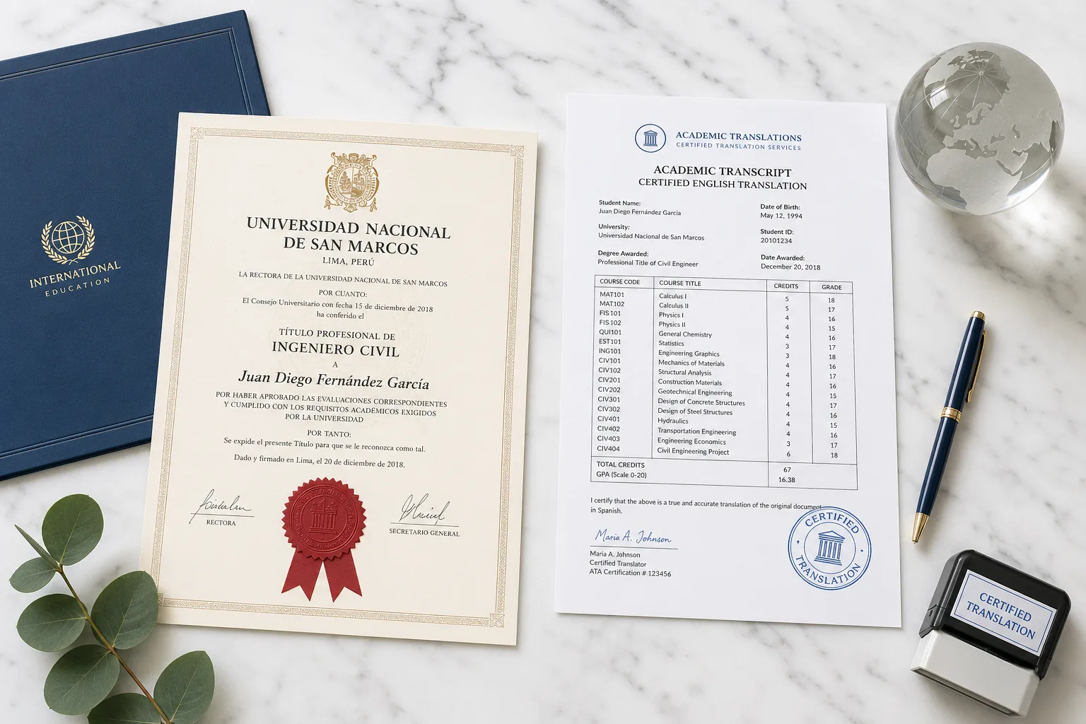 Foreign university diploma with certified English translation and certification stamp