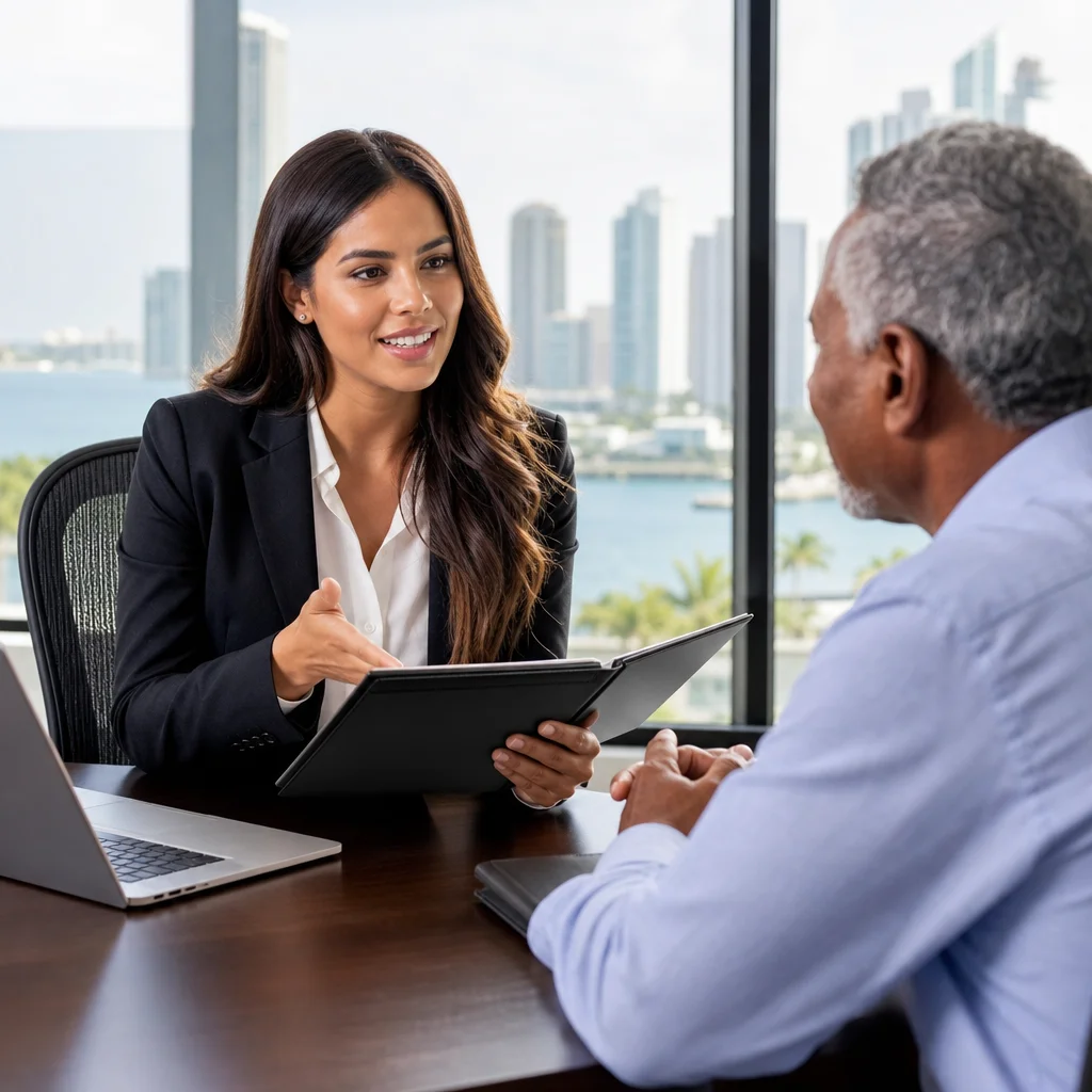 Law firm associate consulting with a client about certified foreign judgment translation for a Miami domestication case