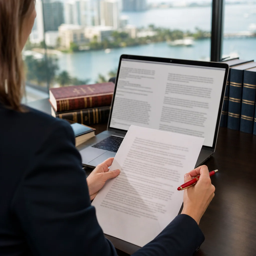 Attorney and certified translator reviewing a foreign judgment translation packet at a Miami law office