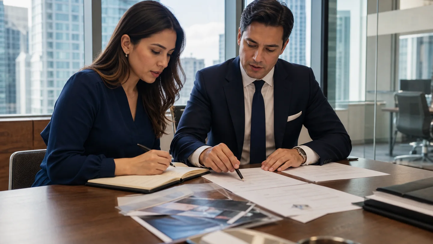 Attorney and legal linguist reviewing translated discovery documents in a Miami office