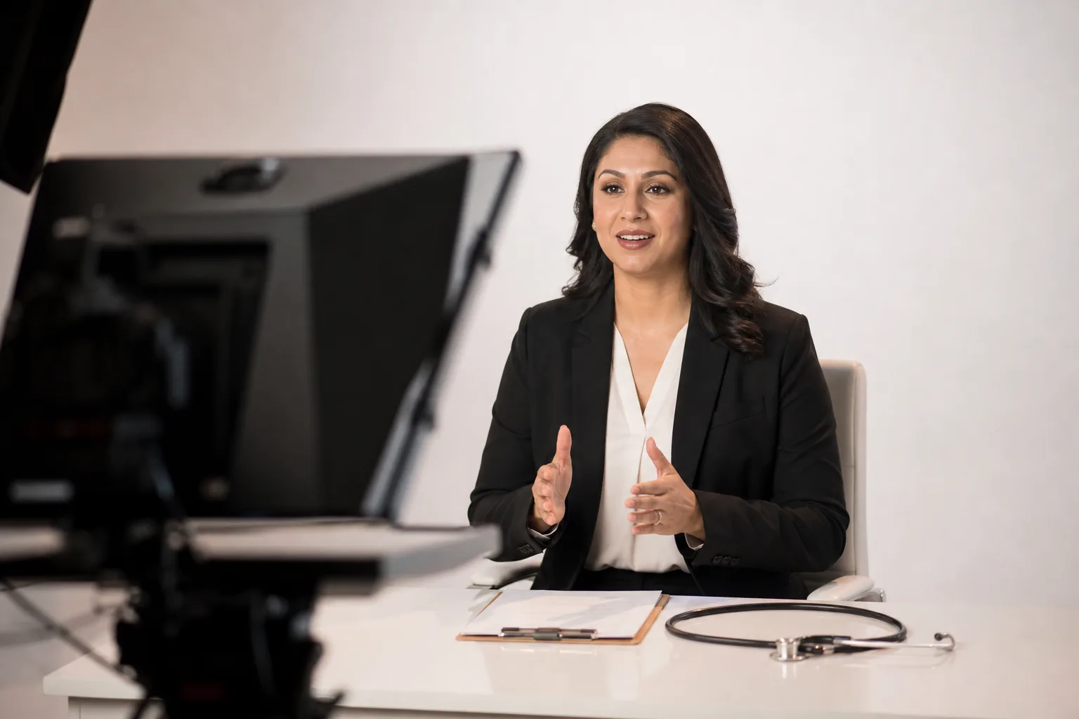 Professional narrator recording a healthcare patient education video in a Miami production studio