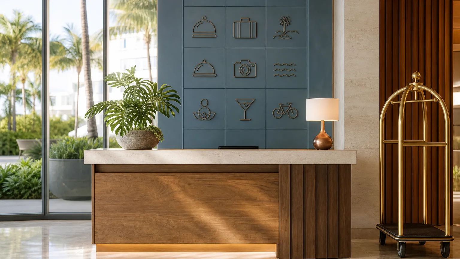 Bright Miami hotel concierge area with pictogram wayfinding for guest communication planning