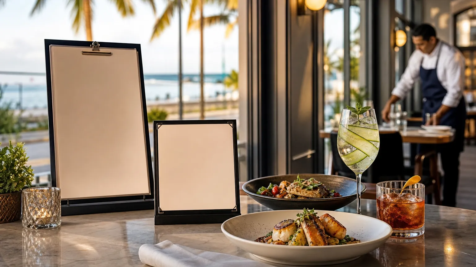 Sunlit Miami restaurant table with food and blank menu boards for a hospitality translation planning project