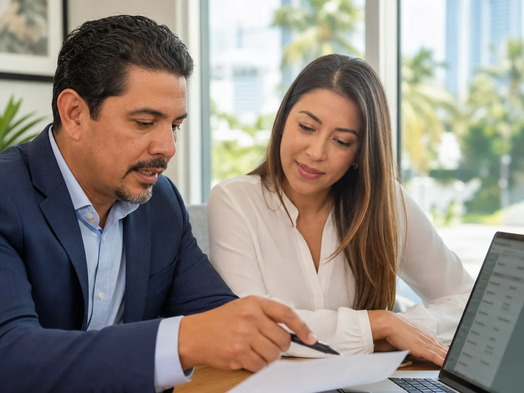 Public adjuster and translator reviewing a foreign-language repair estimate for a Miami insurance claim