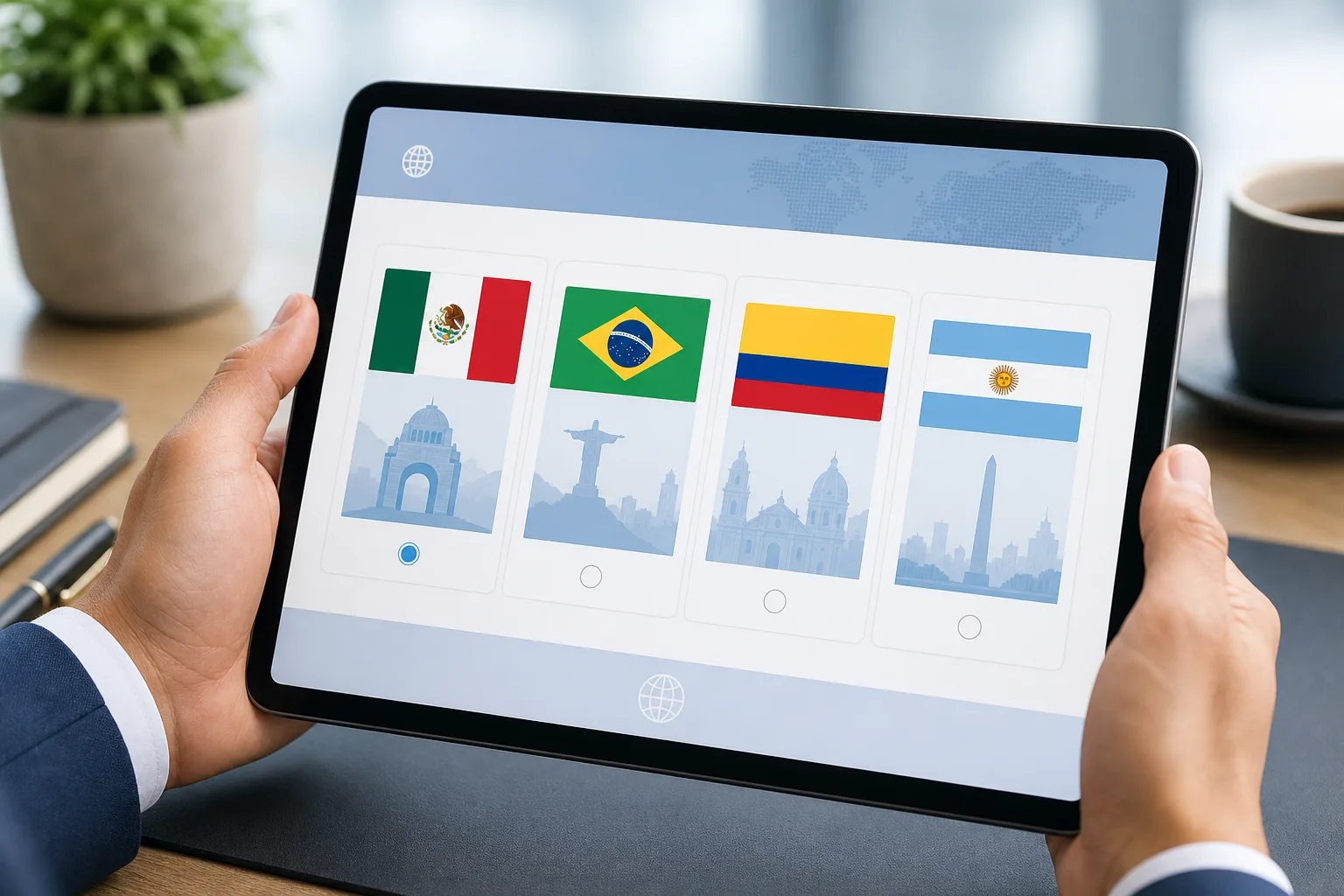 Website localization options showing Latin American country flags for Mexico, Brazil, Colombia, and Argentina on a tablet