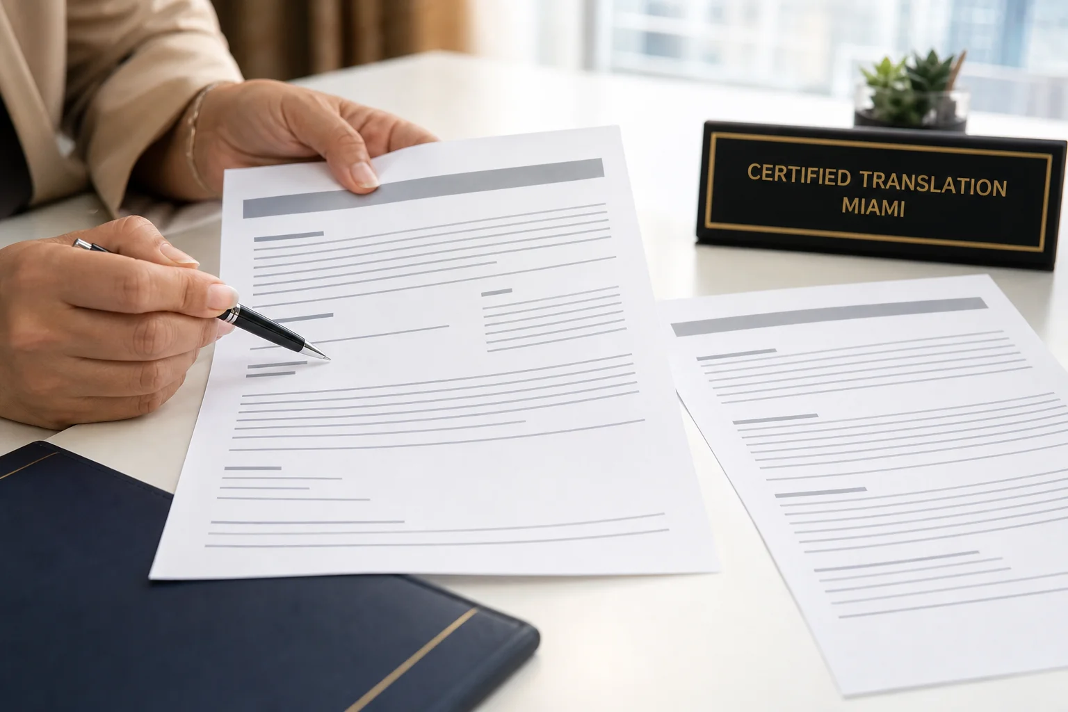 Certified translator reviewing a foreign marriage certificate translation for a Miami I-130 immigration petition