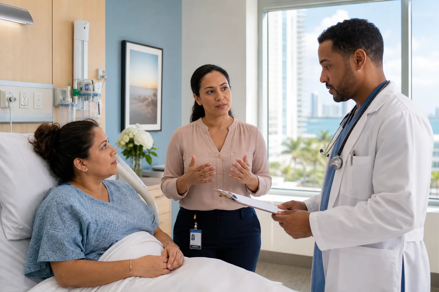 Professional medical interpreter facilitating communication between doctor and patient in Miami hospital room