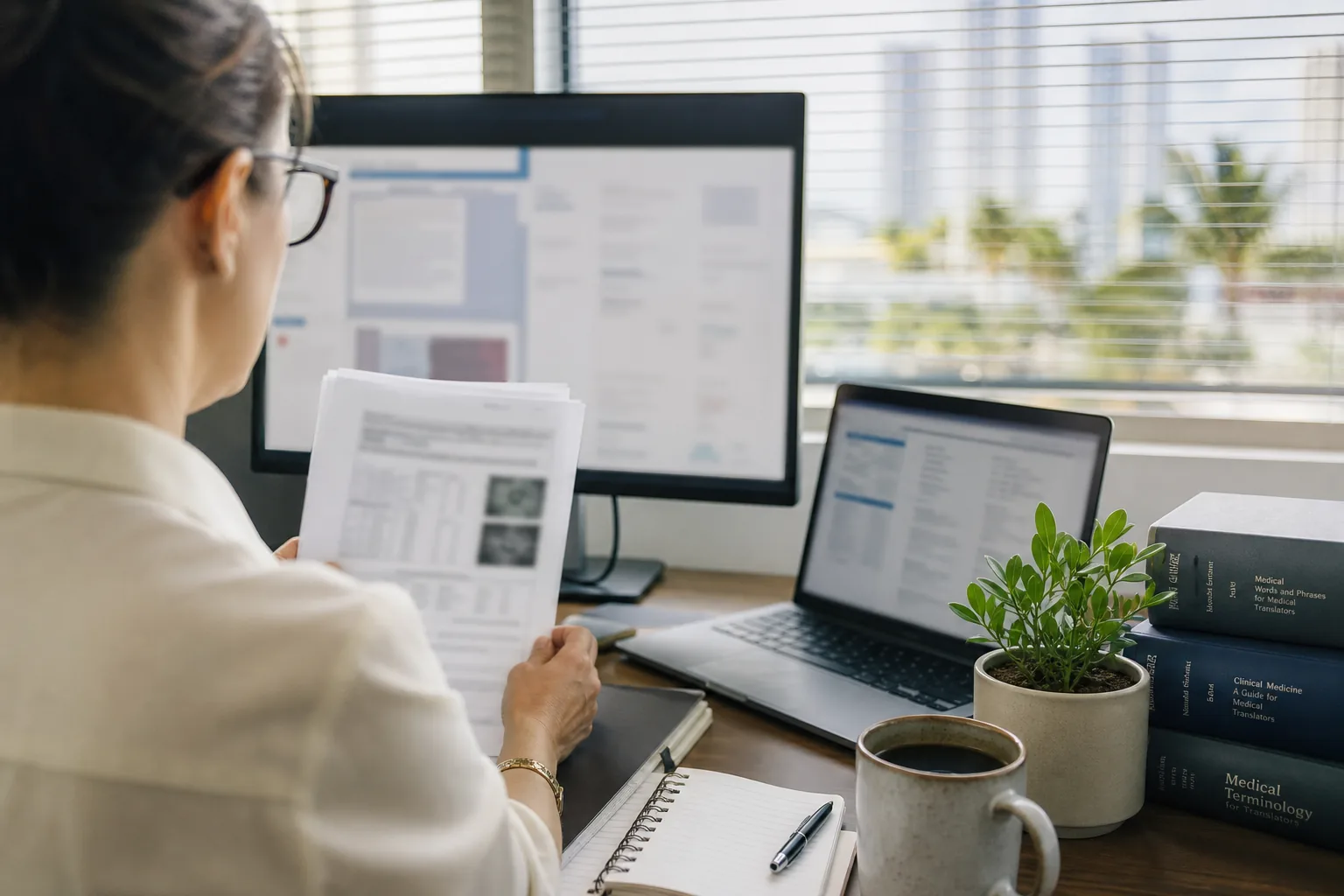 Medical linguist comparing clinical report pages against a translation draft at a Miami desk