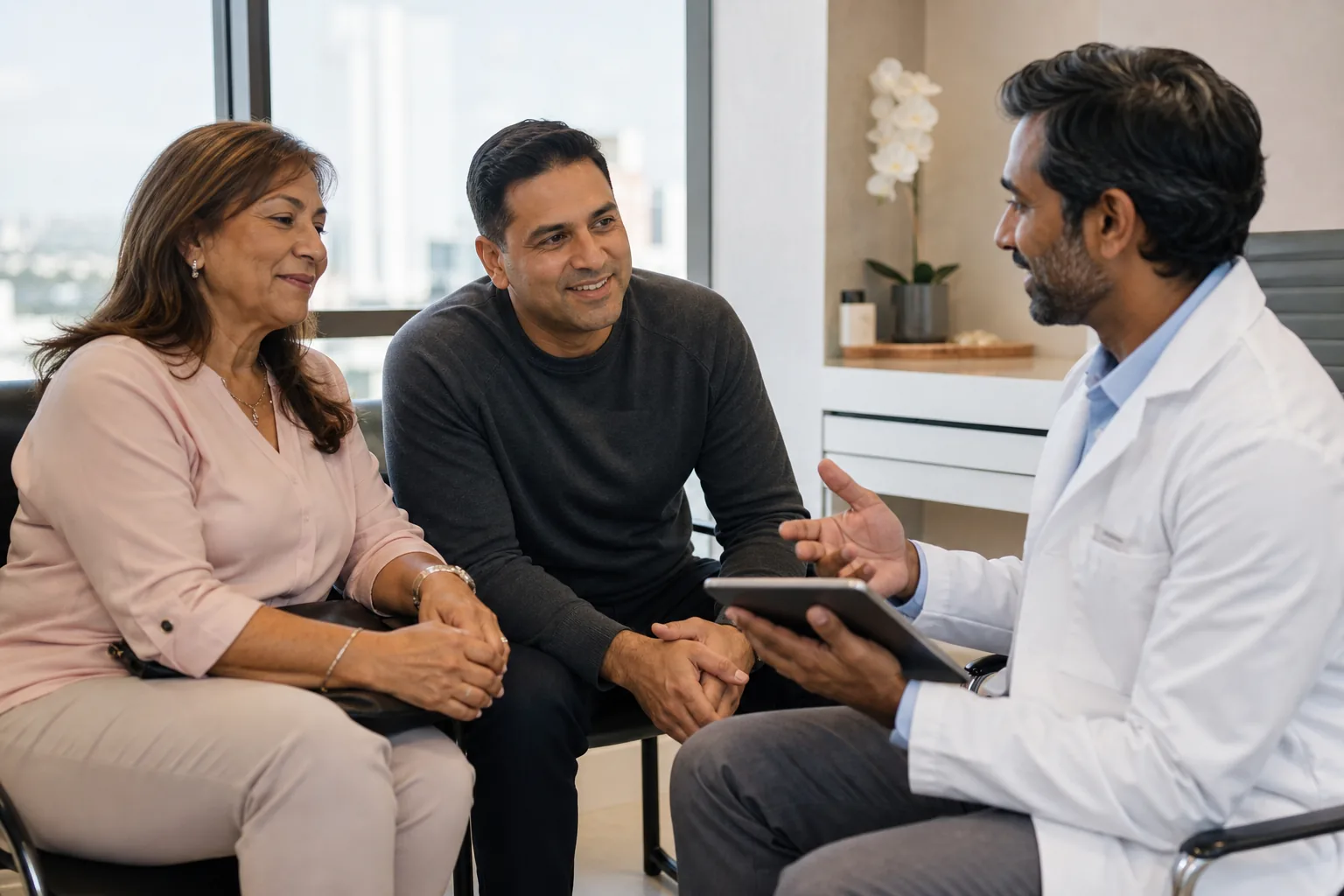 Miami specialist explaining a treatment plan to a Spanish-speaking mother and her adult son
