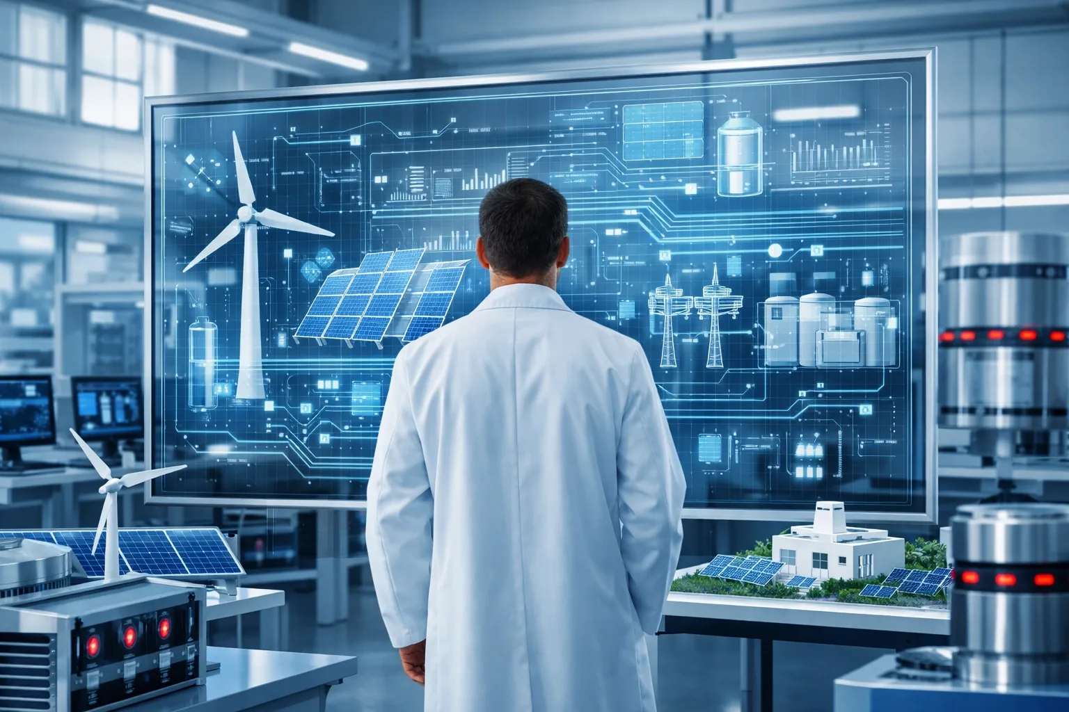 Engineer in a lab coat analyzing renewable energy data on a large digital display surrounded by wind turbine and solar panel models in a cleantech research facility